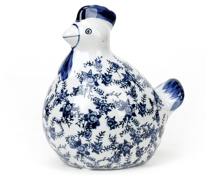 Porcelain Blue and White Flower Chicken Figurine