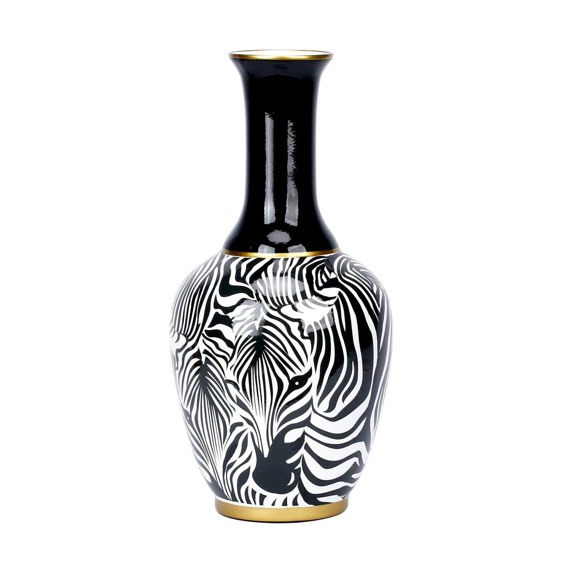 Ceramic Black and White Vase with Brush Paint Motif Zebra