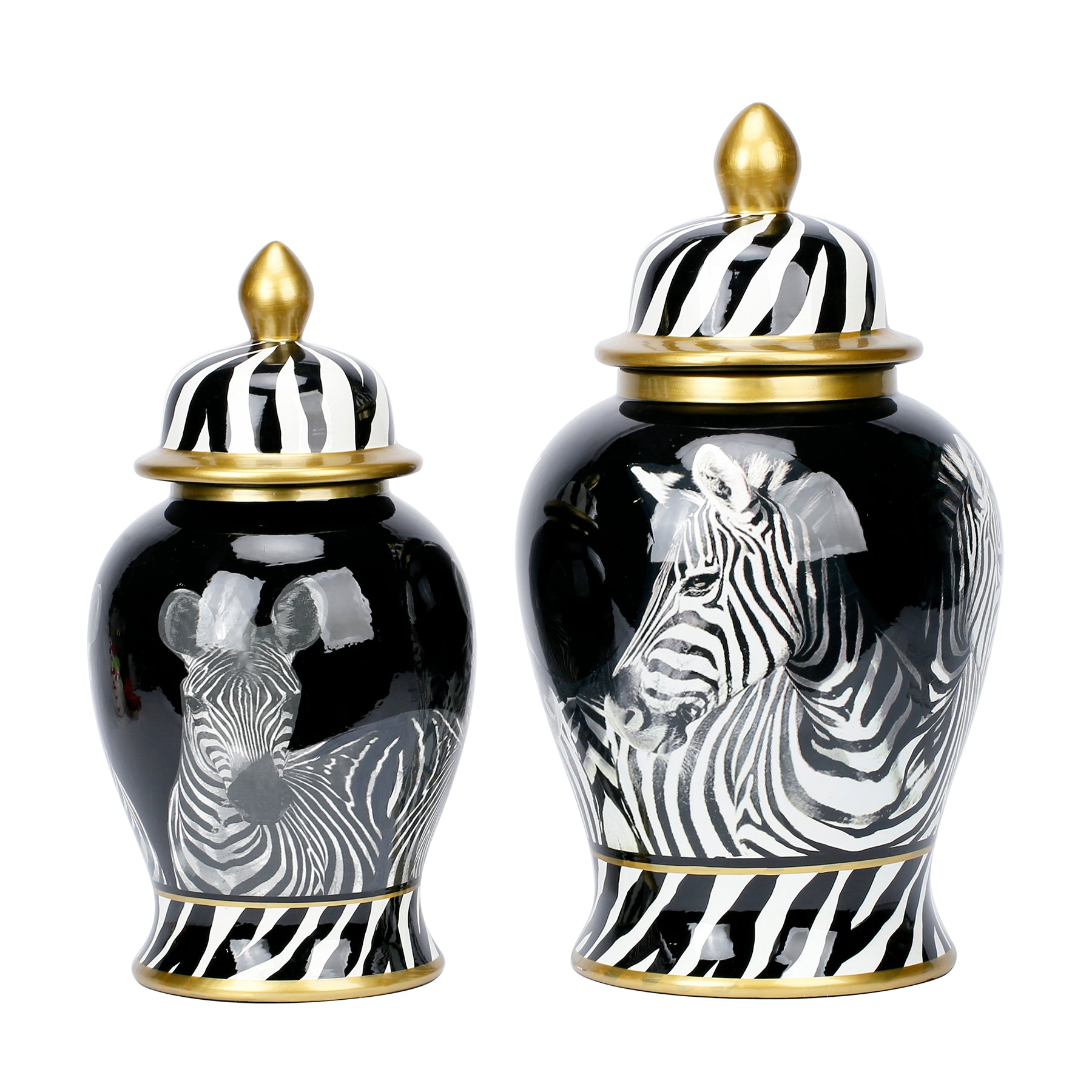Ceramic Black and White Ginger Jars with Brush Paint Motif Zebra Set 2