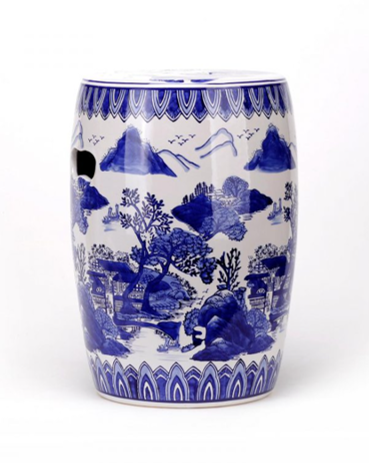 Ceramic Blue and White Mountain and Tree Garden Stool