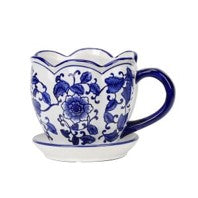 Porcelain Blue and White Cup and Saucer Planter Set with Scallope Edge and Dalia Motif