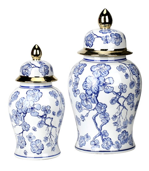 Porcelain Blue and White Floral Ginger Jars Set 2 with Gold Tops