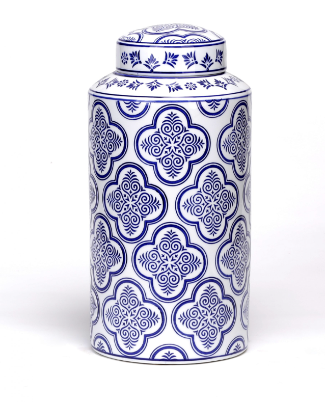Porcelain Blue and White Quatrefoil Tea Jar