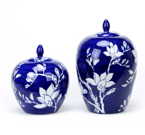 Porcelain Blue and White Floral Ginger Jar Set of 2pcs