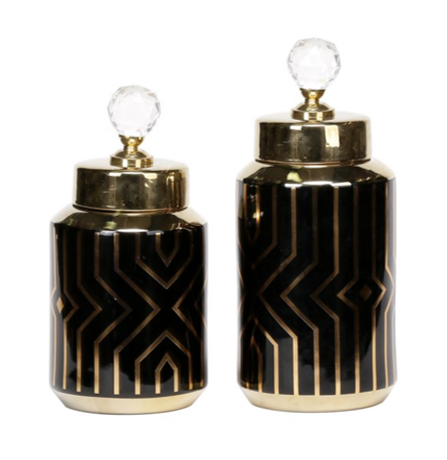 Ceramic Black and Gold Jars with Crystal Finial Set of 2
