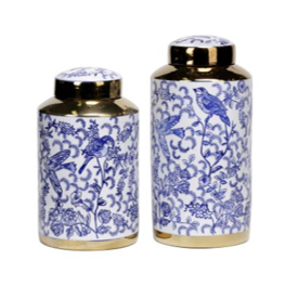 Porcelain Blue and White Floral and Bird Tea Jars Set 2