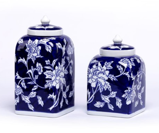 Porcelain Blue and White Dahlia Motif Tea Jars Set 2