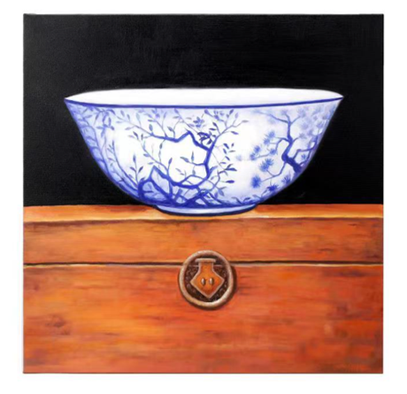 Canvas Oil Painting with Blue and White Bowl on Box