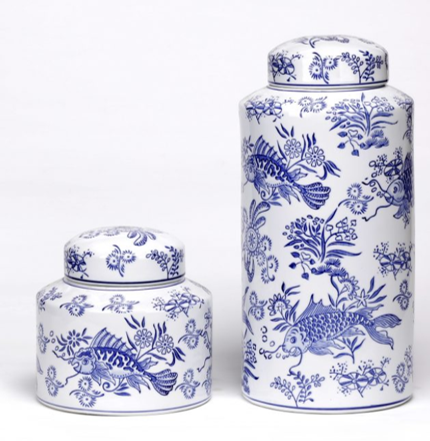 Porcelain Blue and White Koi Fishes Tea Jars Set 2