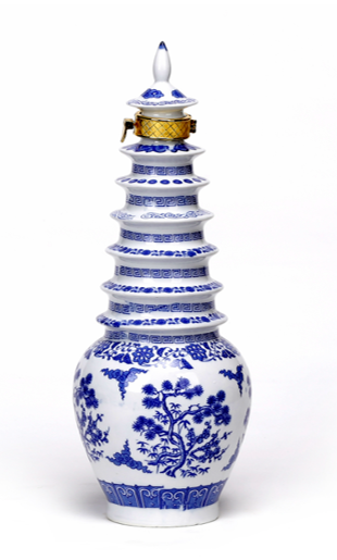 Porcelain Blue and White Floral Pagoda Lidded Jar