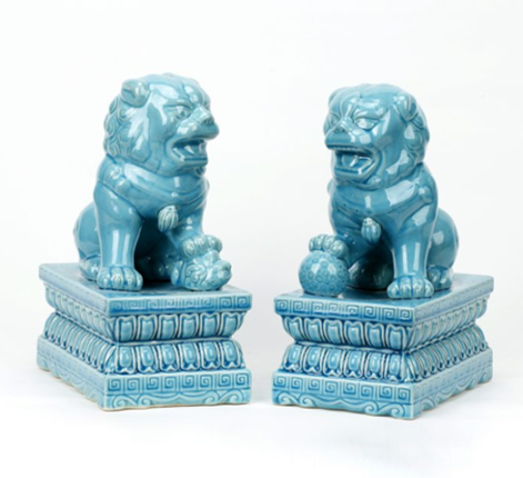 Ceramic Blue Foo Lion Sculpture Set 2