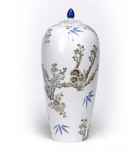 Porcelain Blue and White with Brown Floral Ginger Jar