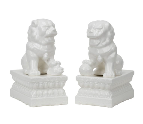 Ceramic White Foo Lion Sculpture Set 2
