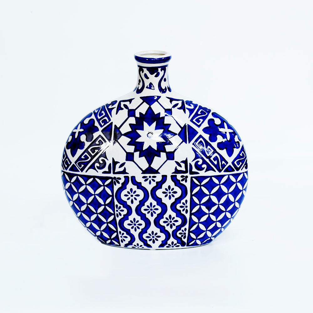 Porcelain Blue and White Floral Flat Vase