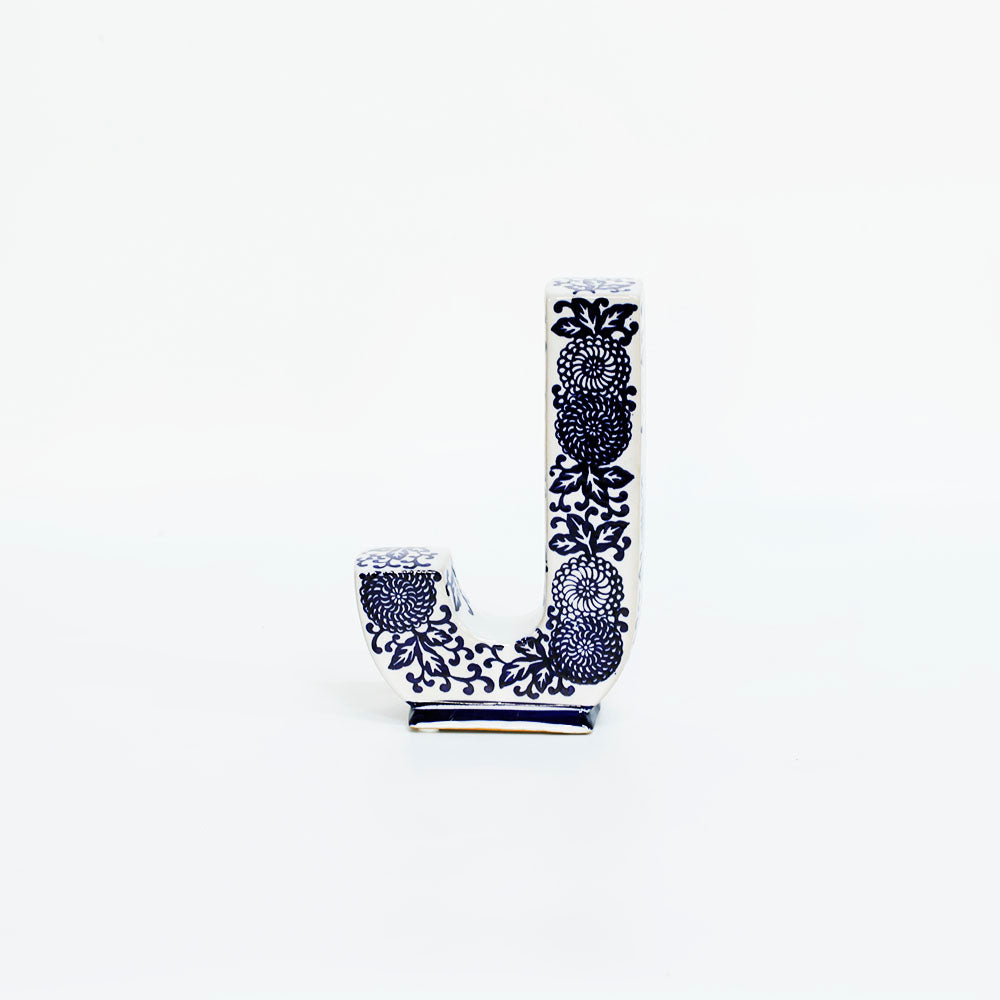 Ceramic Blue and White Letter 'J' Decoration