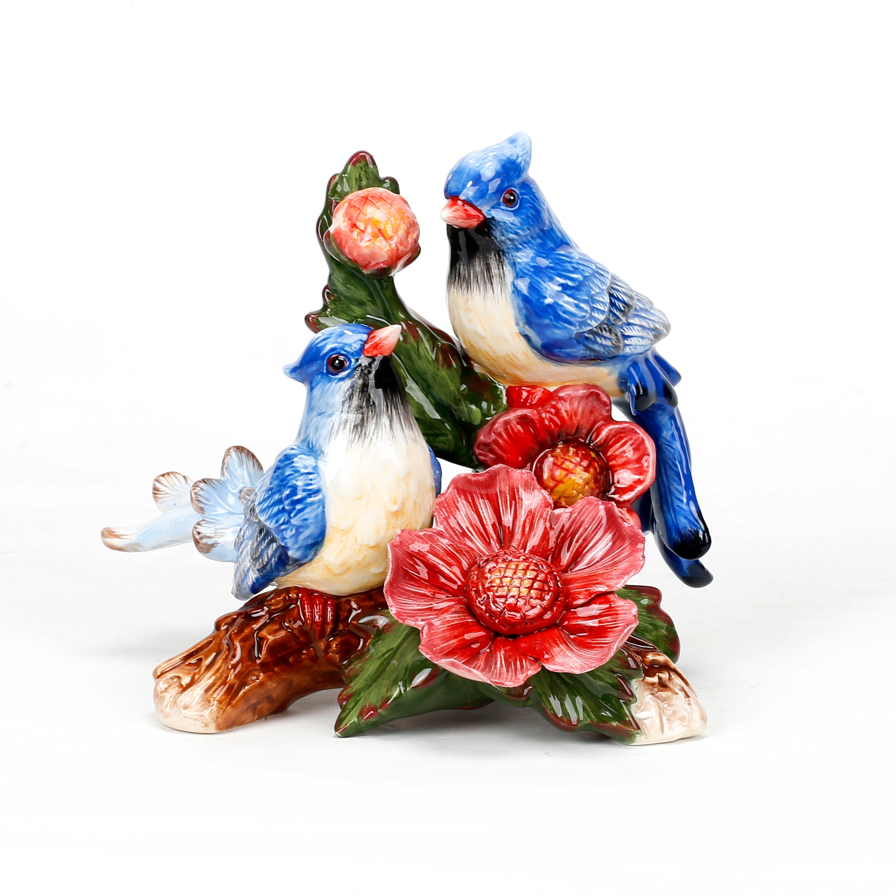 Ceramic 3D Red Flowers with Blue Birds Figurine