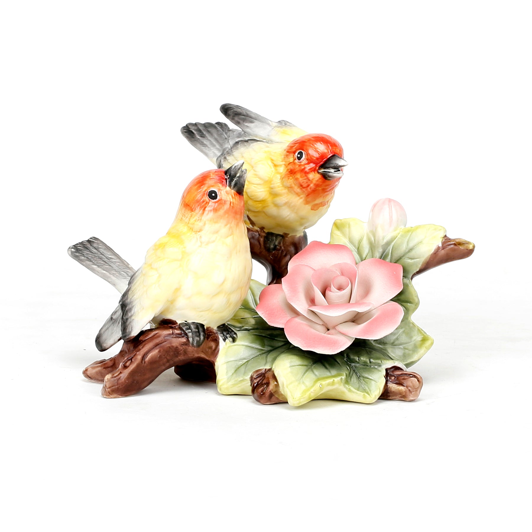 Ceramic 3D Pink Roses with Yellow Birds Figurine