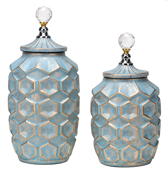 Ceramic French Blue Jars with Crystal Finial Set 2
