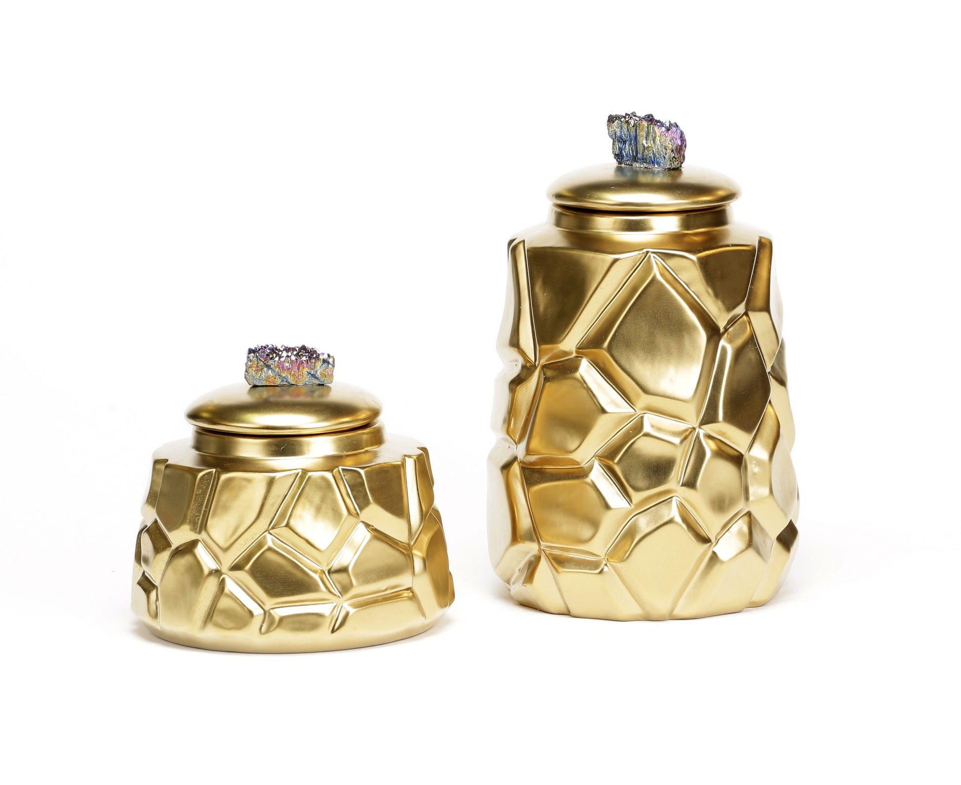 Ceramic Gold Plated Modern Honeycomb Vase with Quartz Cluster Set of 2