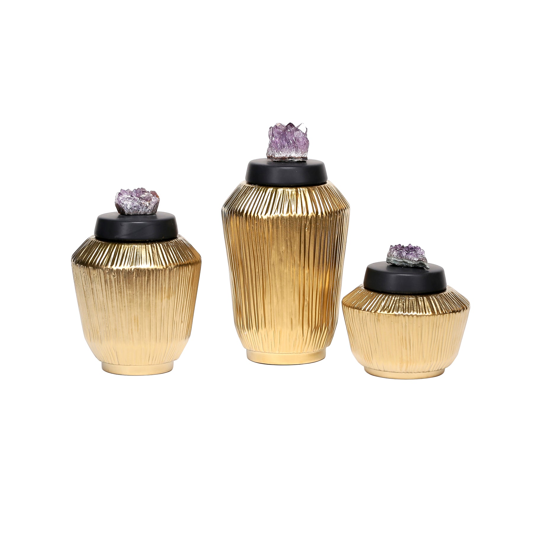 Ceramic Ridged Jars with Amethyst Finial Set of 3