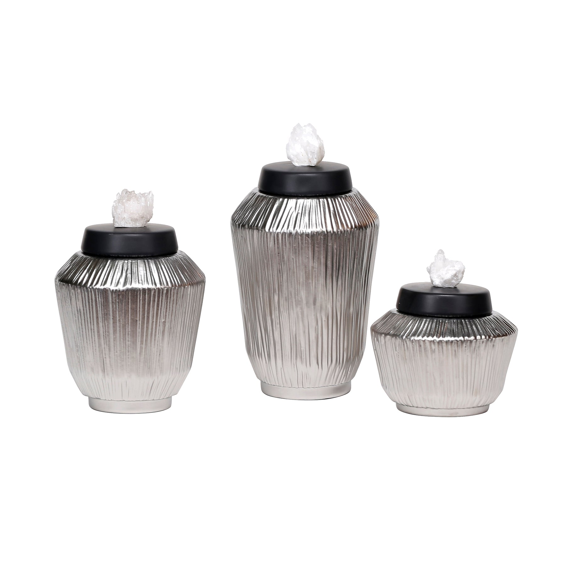 Ceramic Ridged Jars with Quartz Cluster Finial Set of 3