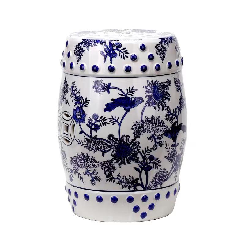 Ceramic Blue and White Floral Garden Stool