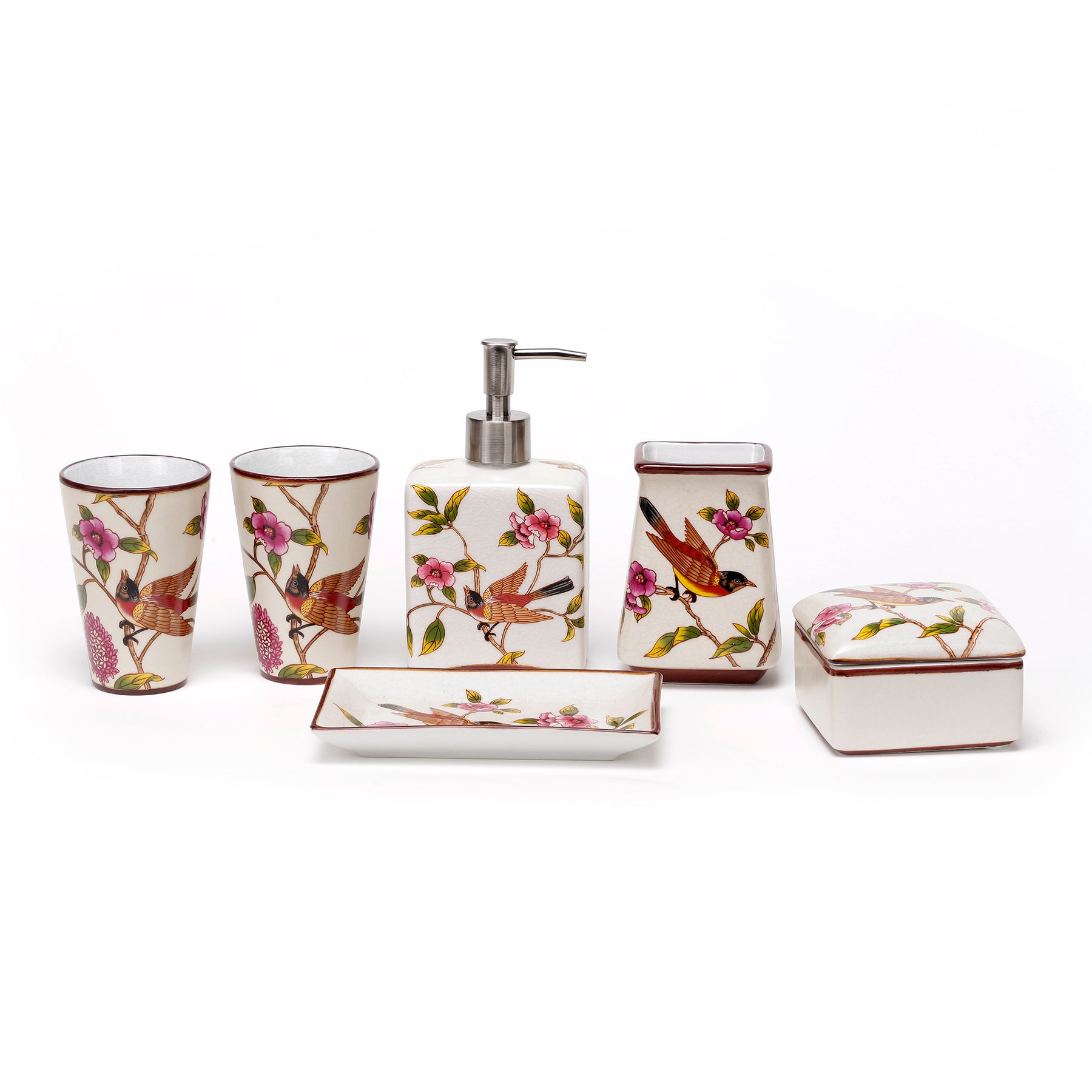 Porcelain Floral & Bird Motif Bathroom Accessory Set 6